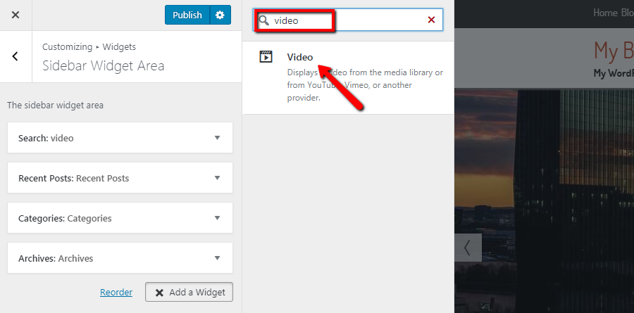 Type and Choose Video Widget in WordPress