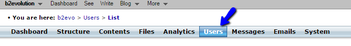 Access the b2evolution Users menu