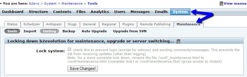 Access system maintenance menu in b2evolution