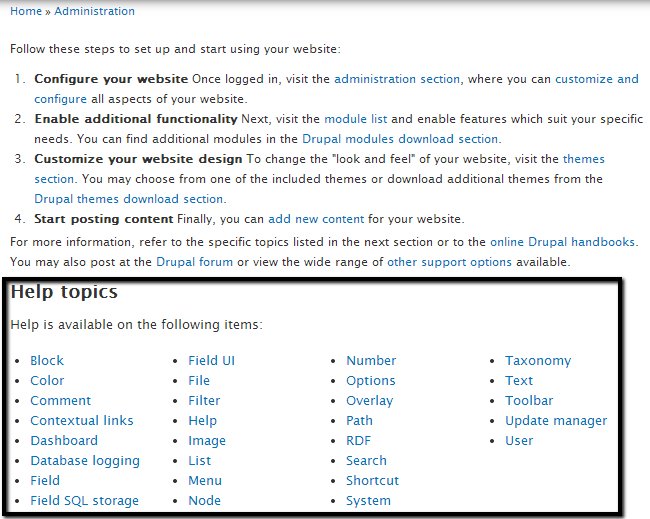Review available help topics in Drupal