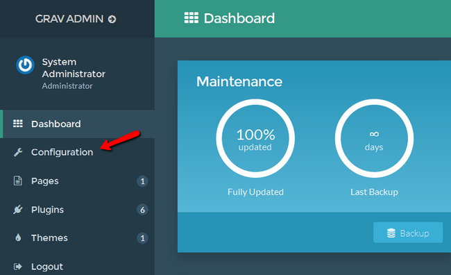 Accessing the Configuration menu in Grav