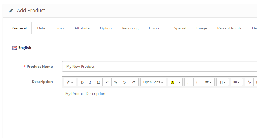 Product General Settings OpenCart 2