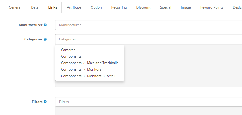 Product Category settings OpenCart 2