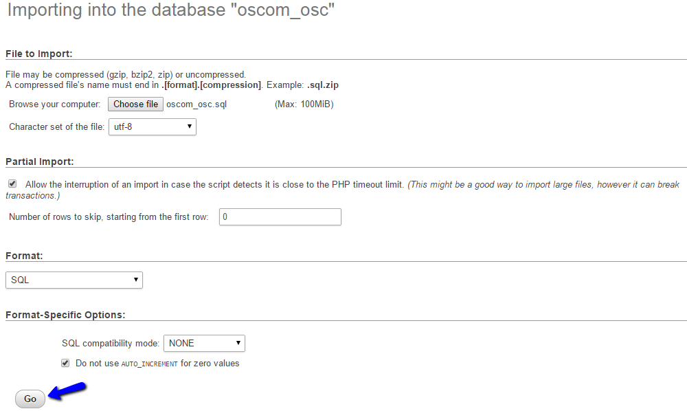 Upload osCommerce Database Backup via phpMyAdmin