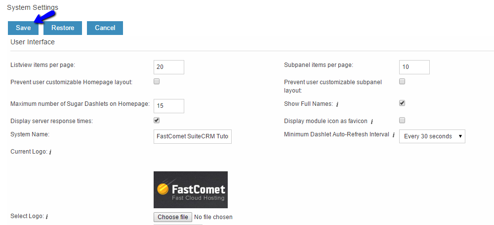 Edit System Settings in SuiteCRM