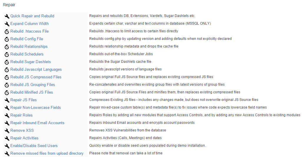 Available Repair Tools in SuiteCRM