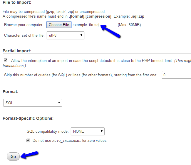 Upload a database backup for an import via phpmyAdmin