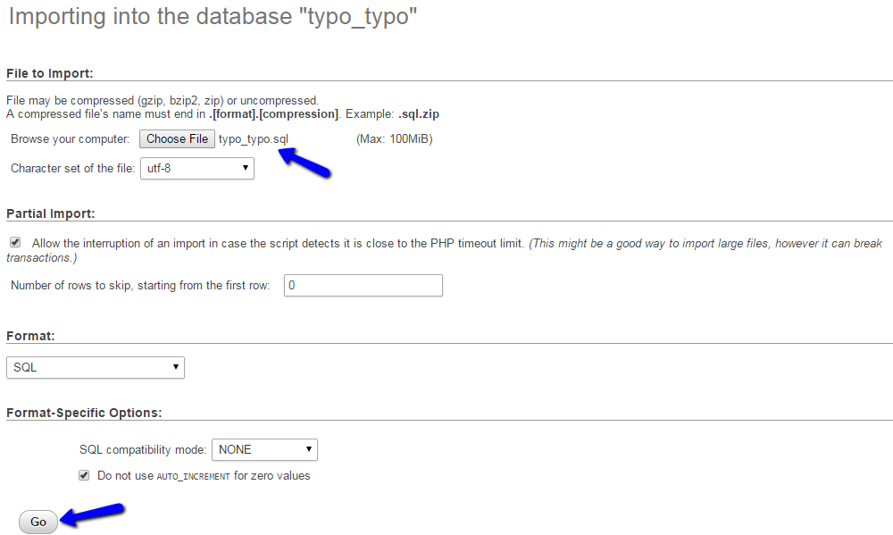 Import dump backup of your database via phpMyAdmin