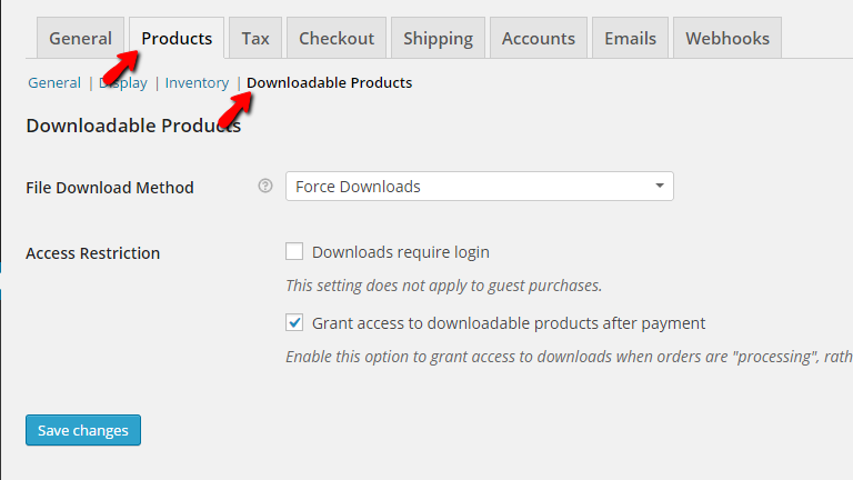accessing the downloadable products settings page