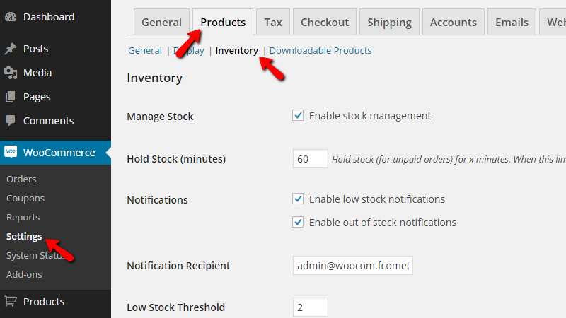 accessing the inventory options page