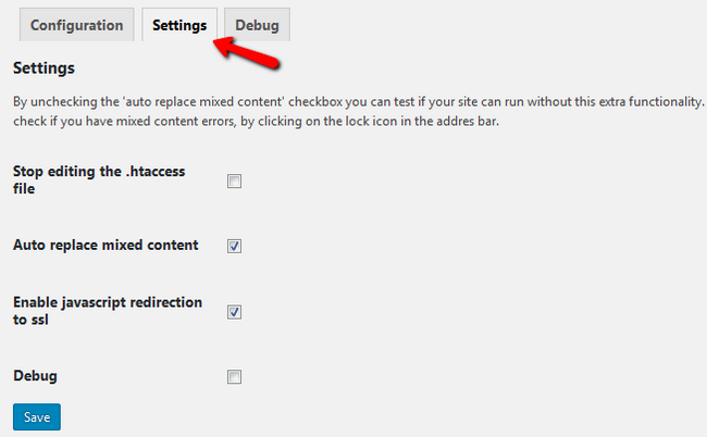 Accessing the configurable settings of the  Really Simple SSL plugin