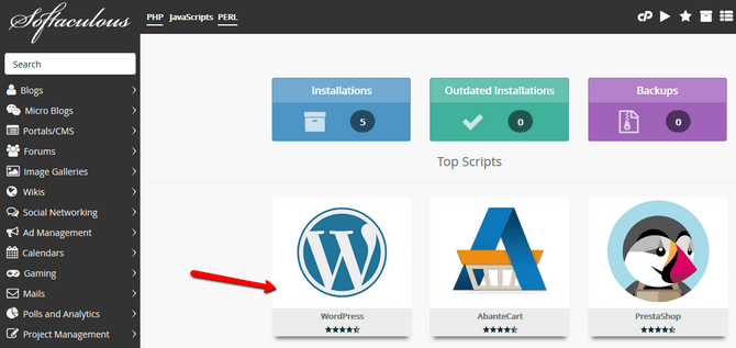Locate WordPress in Softaculous