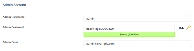 WordPress admin account configuration in Softaculous