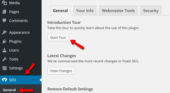 Starting a Tour in Yoast SEO in WordPress